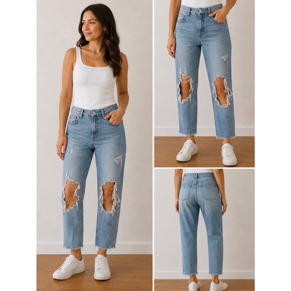 wild fable Denim - Wild Fable Sz 14 Blue Jeans Distressed High Waist Straight Leg Stained Ripped